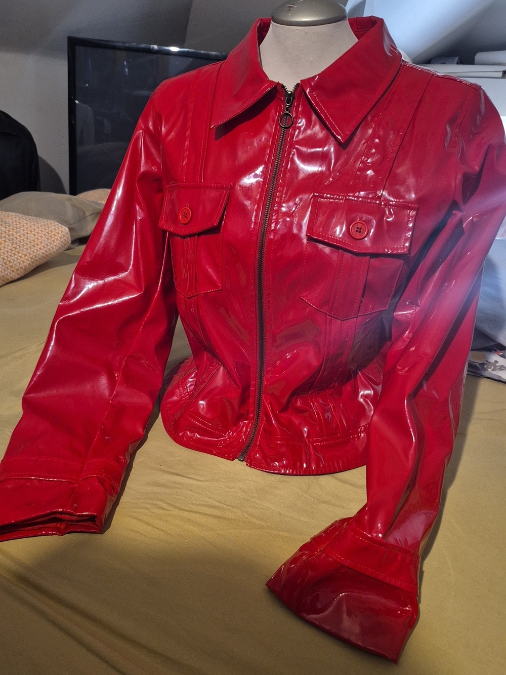 Women's Glossy Red Patent Zip Jacket with Chest Flap Pockets